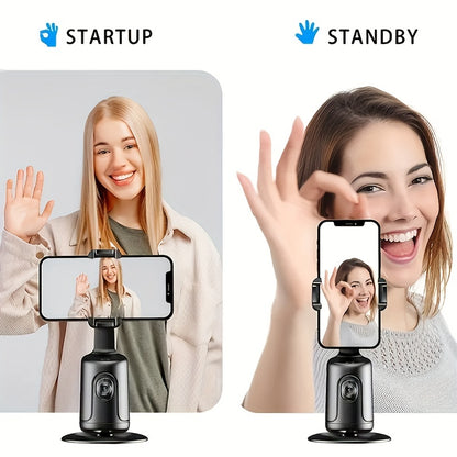 360° Auto-Tracking Smartphone Tripod - Hands-Free Face & Body Recognition - Wireless Rechargeable Holder for Live Streaming, Vlogging & Video Recording - Black
