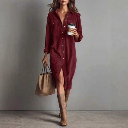 Turn-Down Collar Buttons Chic Casual Dress, Women Spring Autumn Solid Simple Party Dress, Long Sleeve Holiday Ladies Dress