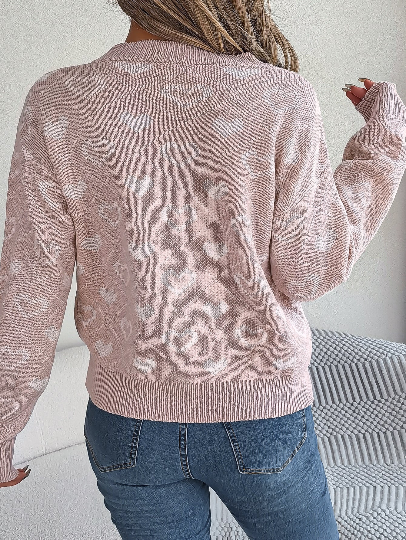 Women Sweet Color Block Heart Lantern Sleeve Pullover Sweater