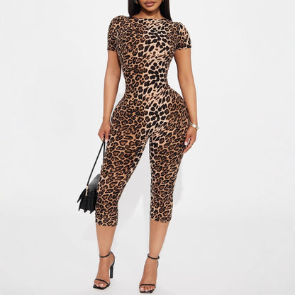 Stretchy Leopard-Print Short-Sleeve Backless Jumpsuit
