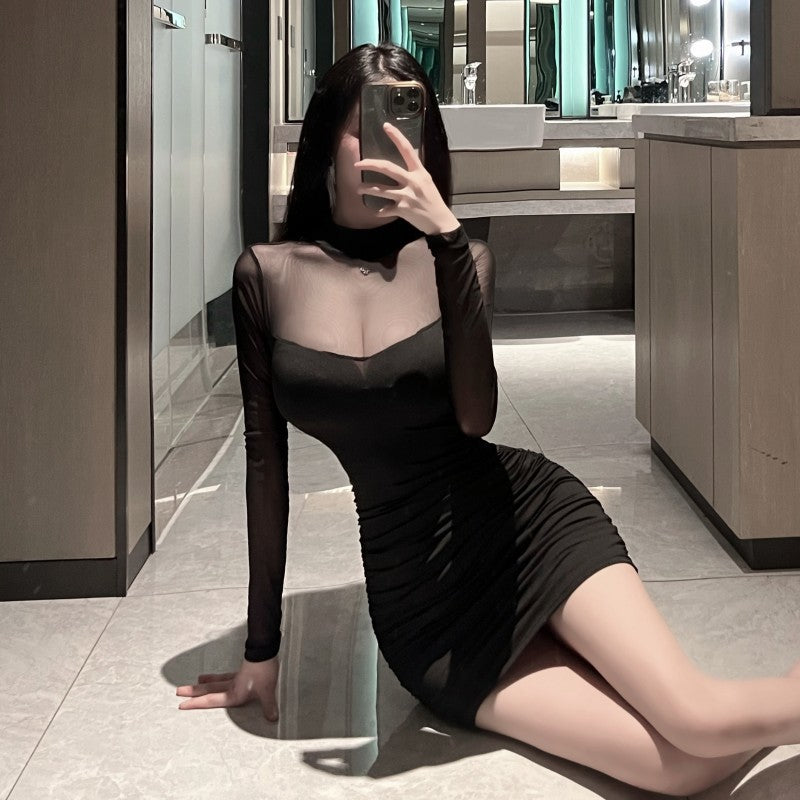 Mesh-panelled Long-sleeve Short Skirt Bodycon Sheath Dress For Women