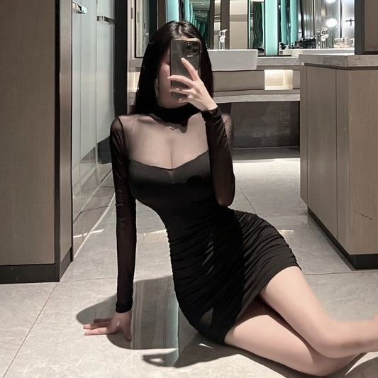 Mesh-panelled Long-sleeve Short Skirt Bodycon Sheath Dress For Women