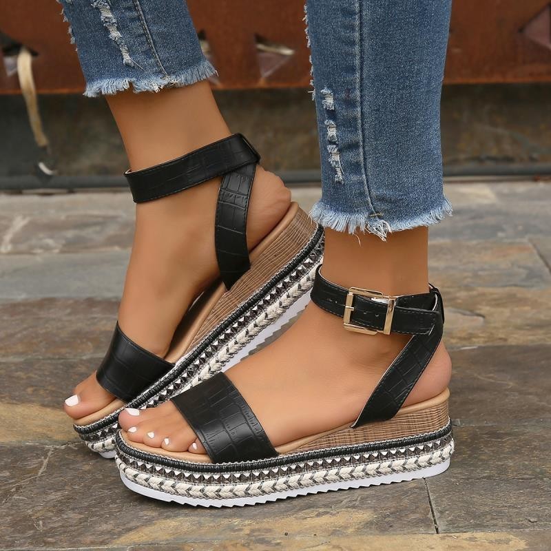 Women's Platform Wedge Sandals - Buckle Strap Hemp Espadrille Peep Toe Summer Shoes