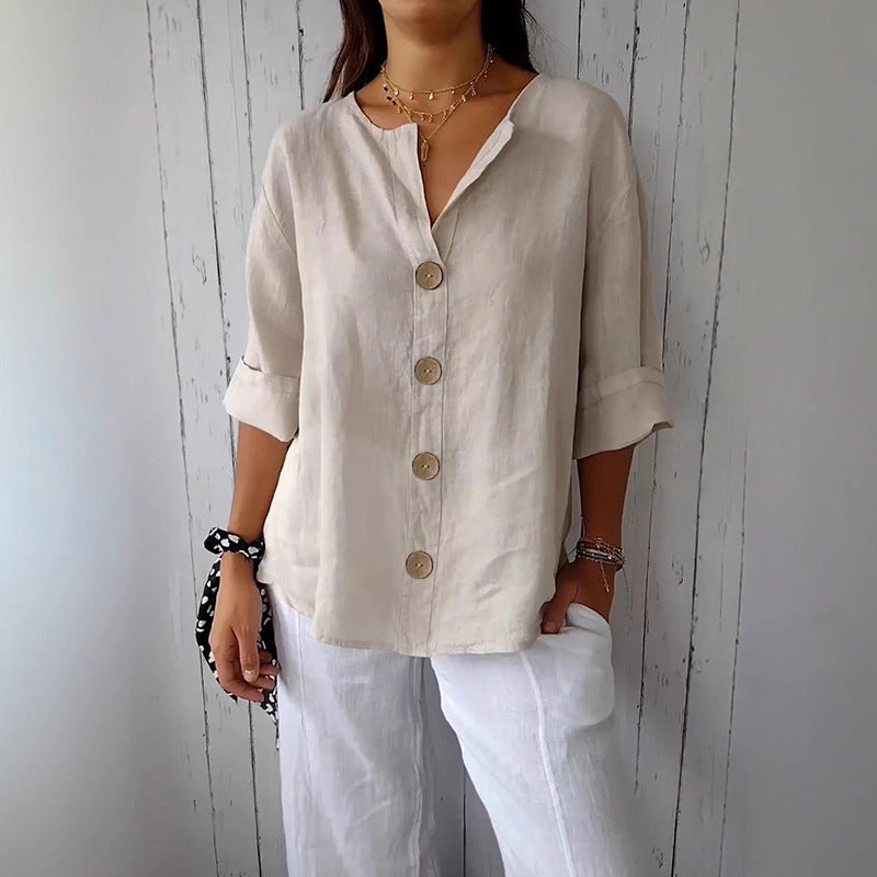 Loose-fit Women's V-neck Cotton-Linen Button T-shirt Top