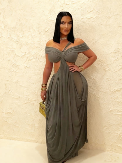 Solid-color Tube Top Hollow-out Sheer Mesh Long Dress For Women