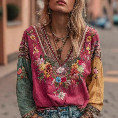 Women's Casual Vintage Bohemian V-neck Top With Ethnic-style Long Sleeves