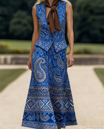 Women's Sleeveless Suit Collar Button-down Casual Skirt Suit