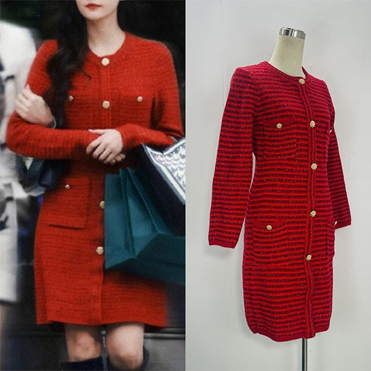 Houndstooth Red Women's Waist-cinching Long Dress