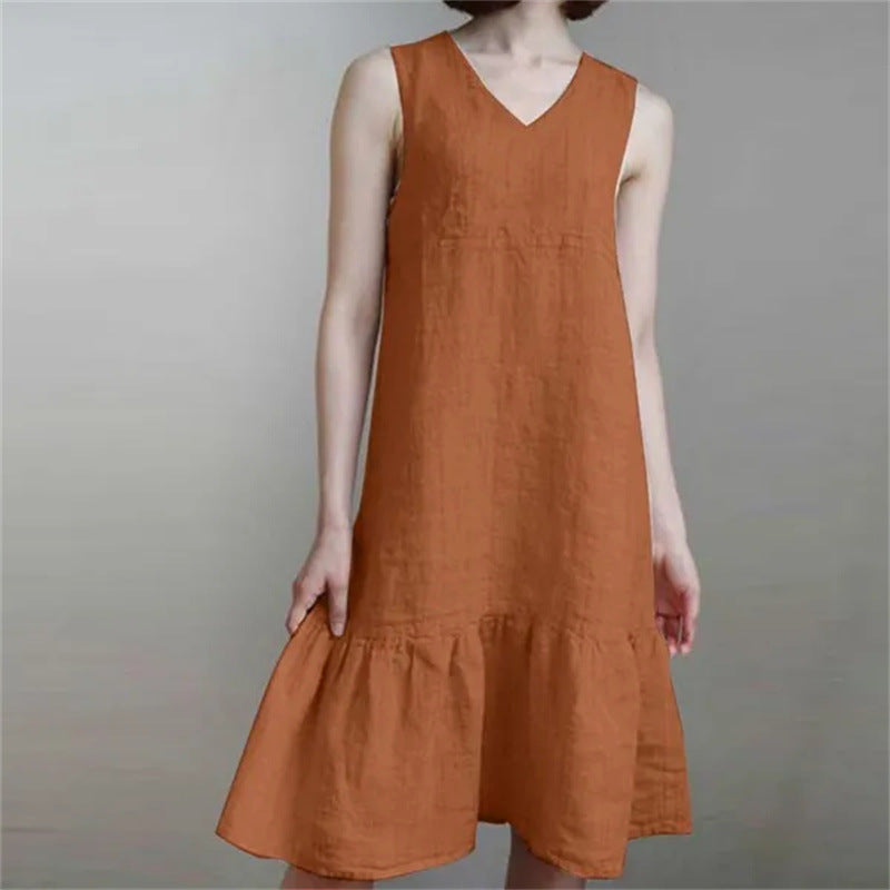 Loose-fit V-neck Solid-color Pleated Strap Sundress In Cotton And Linen