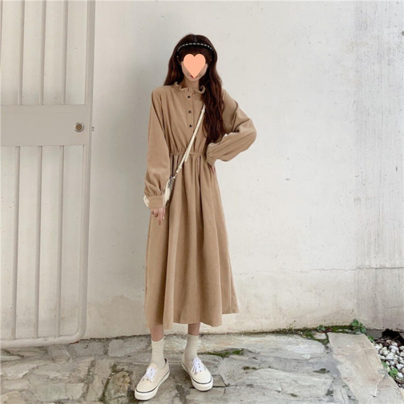 Retro Aloofness Style Mid-length Waist Fungus Long Sleeve Dress