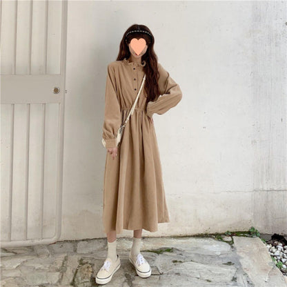 Retro Aloofness Style Mid-length Waist Fungus Long Sleeve Dress