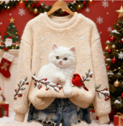 3D Digital Printed Flannel Christmas Women's Crew-Neck Sweater