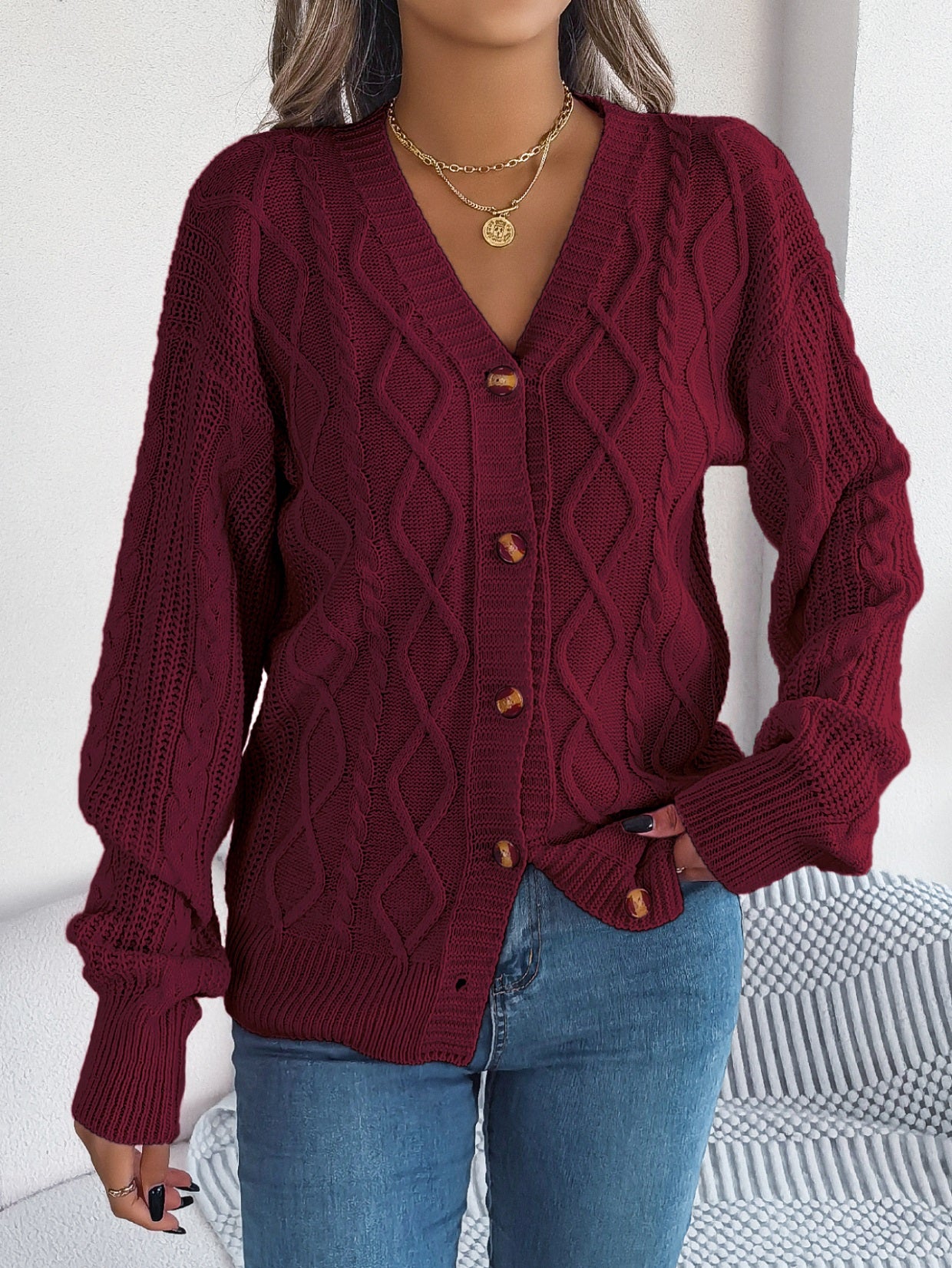 Women Casual V-Neck Lantern Sleeve Cable Knit Button Cardigan Sweater