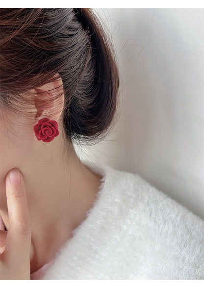 Red Rose Flower Velvet Stud Earrings High-end Retro Ear Decoration Jewelry For Women