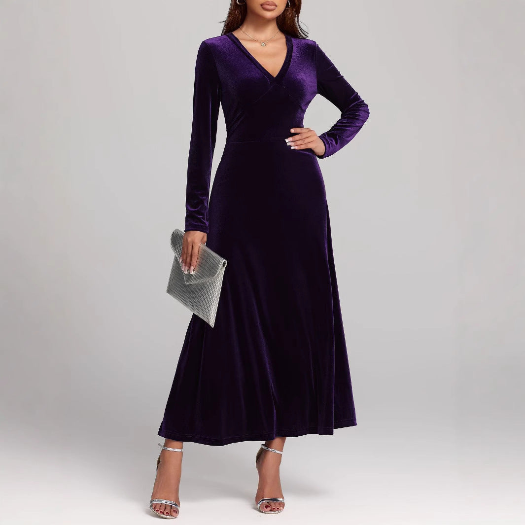 V-neck Long Sleeve Evening Dress Pleuche Dress