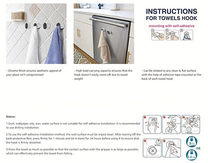 1/3pcs Fashion Style Self-Adhesive Wall Mount Towel Hooks, Plastic Easy Install No-Drill Kitchen & Bathroom Towel Holder for Home, Cabinet, Garage