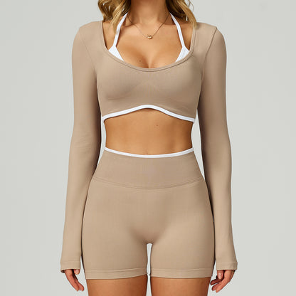 Seamless Color-blocking Yoga Set With Hollow Back And High-waist Fitness Wear