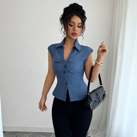 Women's Slim-fit Sleeveless Blouse With Pleats Elegant Top