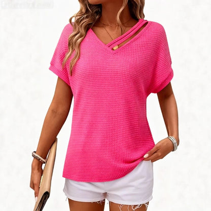 Waffle-knit Short-sleeve V-neck Women's Fashion Casual