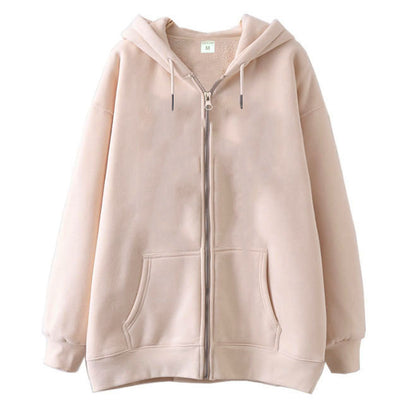 Full-zip Hoodie With Fleece-lined Solid-color Sweatshirt