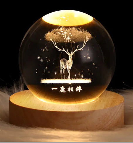3D Crystal Ball Night Light - USB Powered Projection Lamp with Wooden Base | Moon, Ferris Wheel & Forest Designs