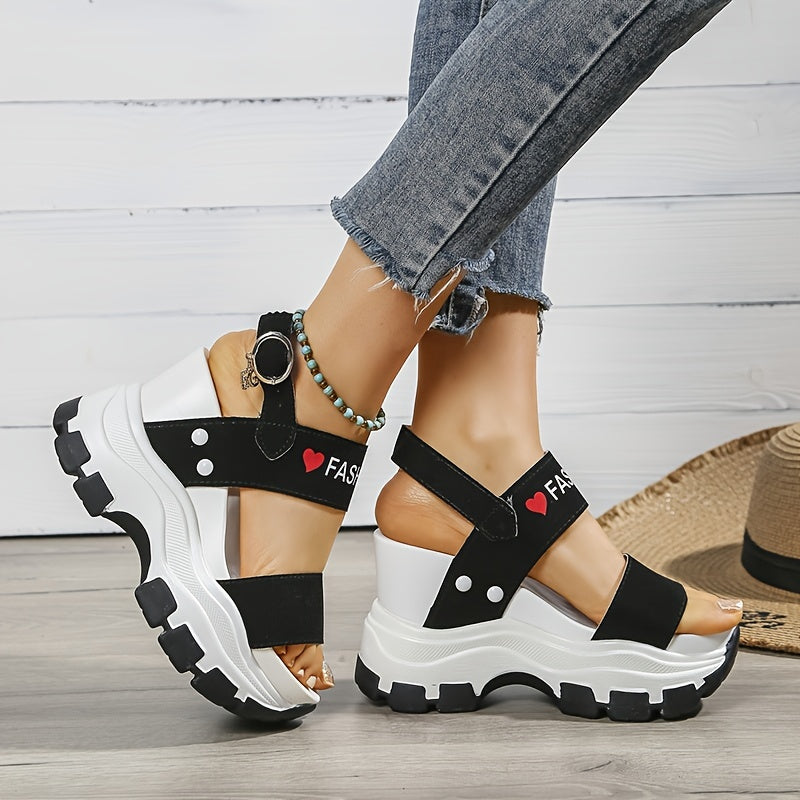 Women's Platform Wedge Sandals - Open Toe Ankle Strap Heels with Metal Buckle