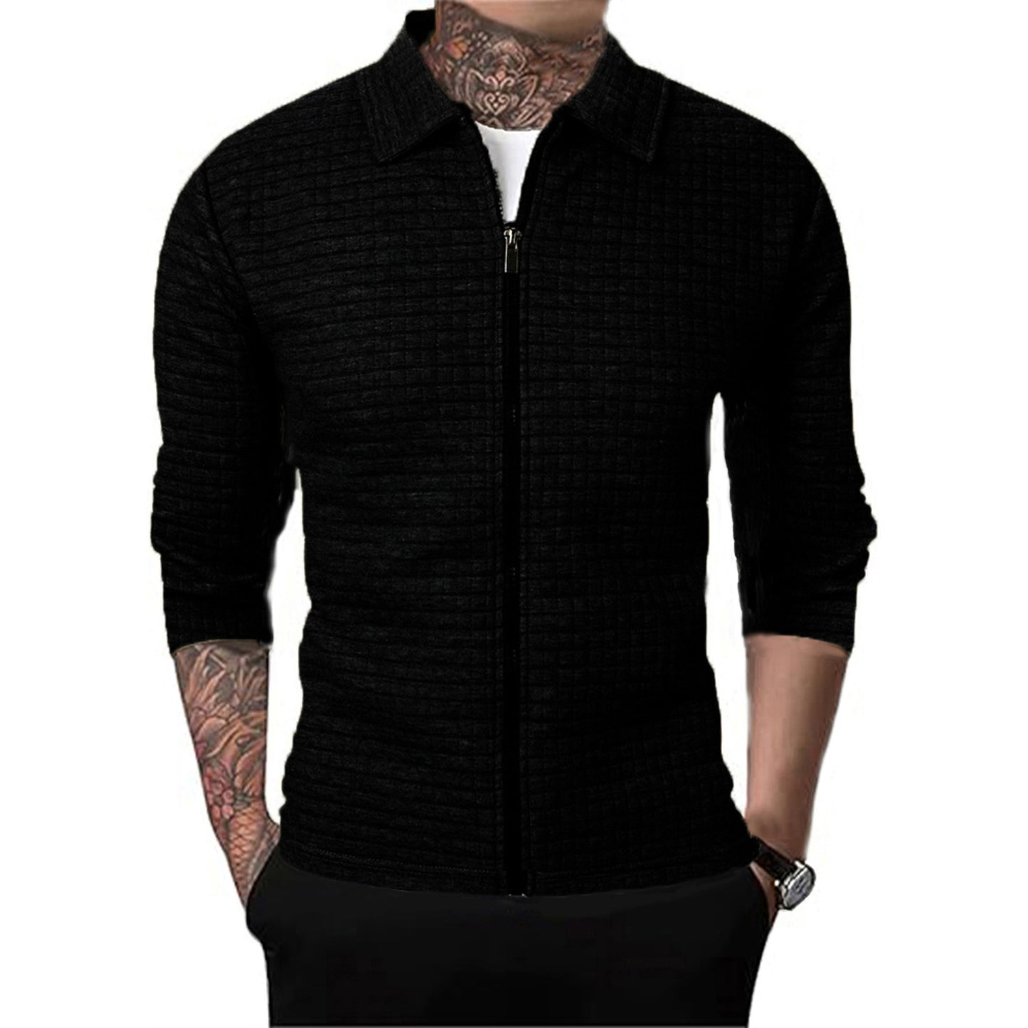 Men's Casual Long-sleeved Lapel Waffle Jacket Cardigan