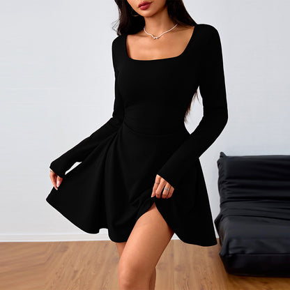 Elegant Square-neck Dress With A High-waisted Designer-style Wine-red Hue