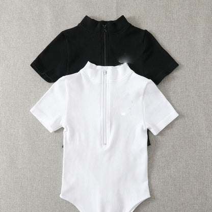 Ribbed Short-sleeve Tight-fitting High-stretch Turtleneck Zip-up Bodysuit