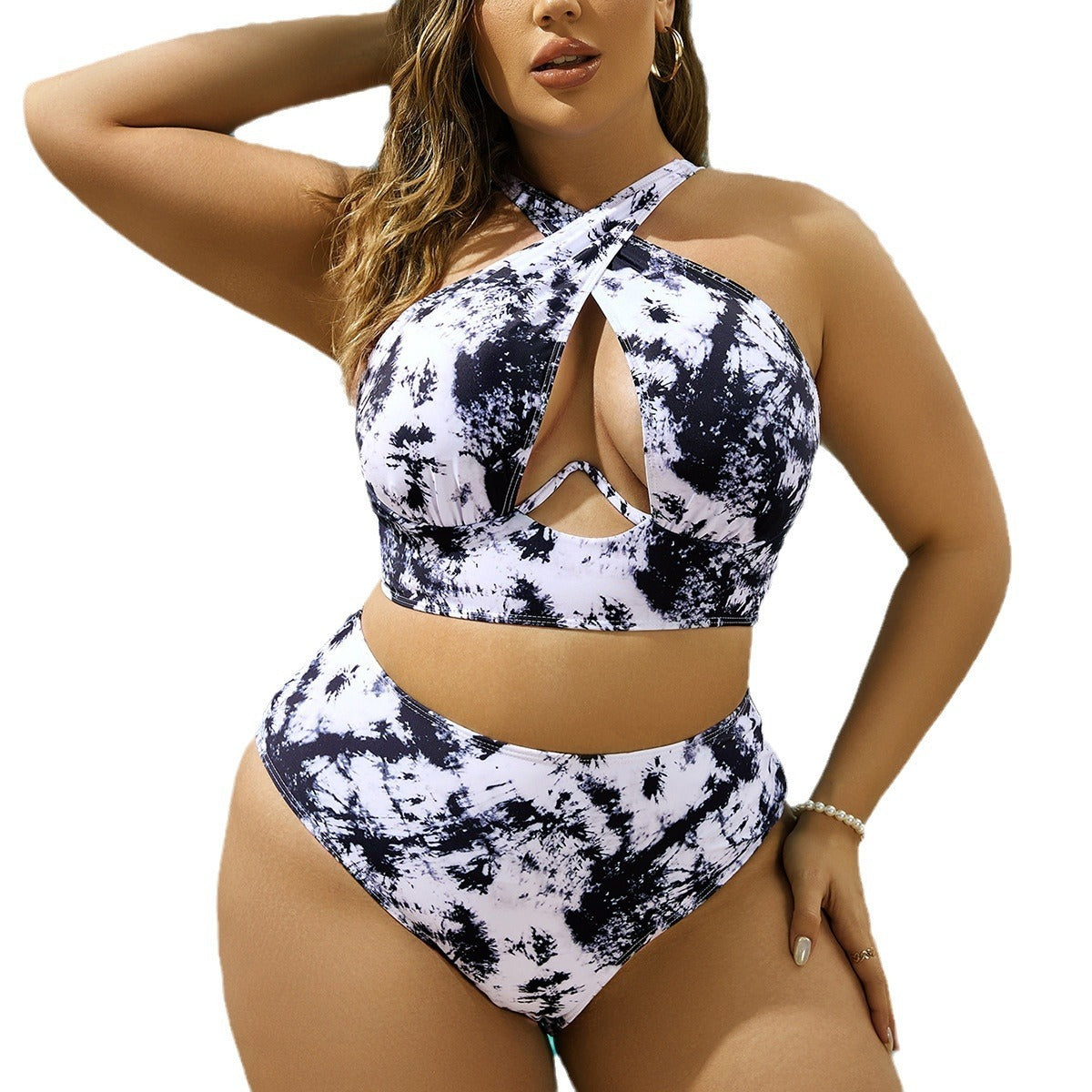 Cross Collar Random Printed Bikini Swimsuit Suit