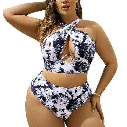 Cross Collar Random Printed Bikini Swimsuit Suit
