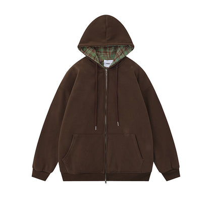 Street Plaid Cardigan Hoodie Loose-fitting Hooded Coat