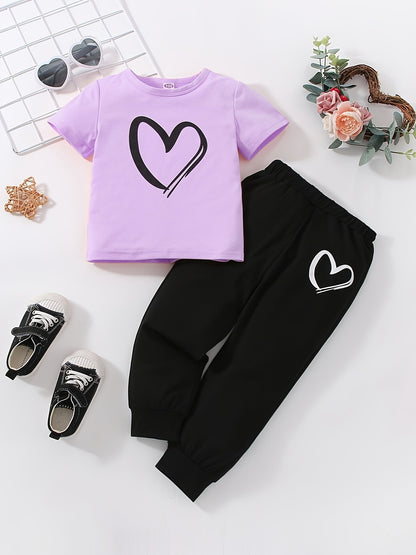 Girls' Fashion Set: Heart Print Round Neck Short Sleeve T-Shirt & Sweatpants 2pcs Casual Cotton Outfit, Perfect for Outdoor