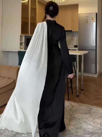 Contrast Color Scarf Waist Long Sleeve Maxi Dress