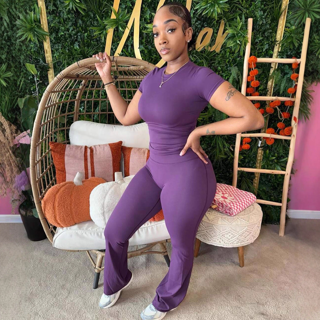 Fashionable Solid-Color Slim-Fit Stretchy Versatile Short-Sleeve Top And Pants Set