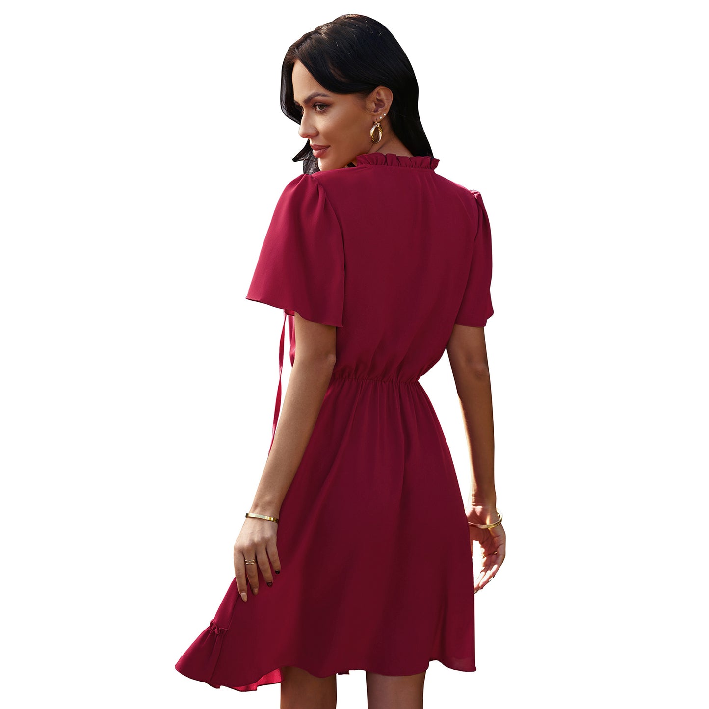 High Neck Neck Waist Ruffle Dress
