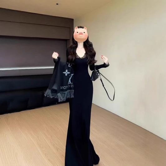 Women's Waist-cinching Figure-flattering Long-sleeve Knit Dress