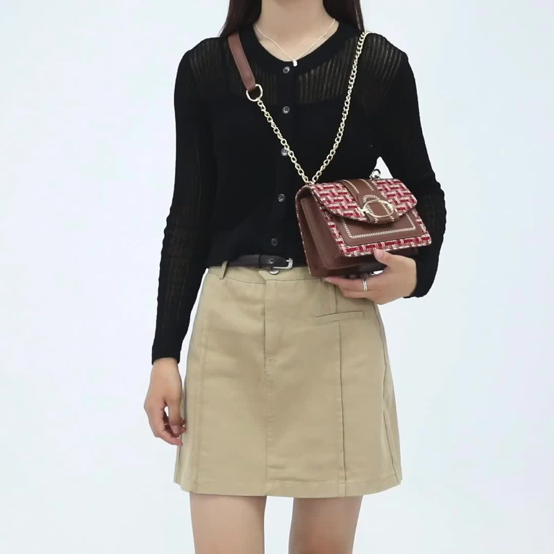 Elegant Plaid Tweed Crossbody Bag – Lightweight Chain Shoulder Purse with Adjustable Strap, Magnetic Buckle Closure, and Leather Lining for Stylish Everyday Use