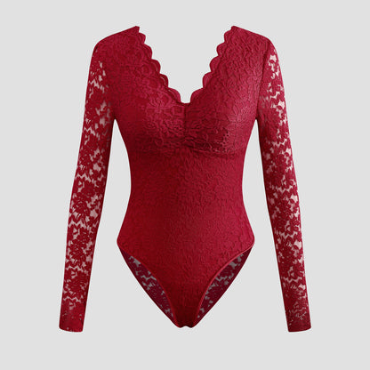 Sexy Solid-Color Lace Long-Sleeve Sheer Bodycon Jumpsuit