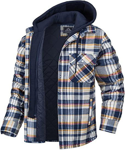 Men's Plaid Hooded Coat Winter Warm Button Zip-up Jacket Fashion Casual Thick Padded Long Sleeves Outerwear Clothing