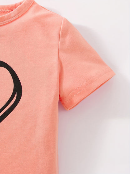 Girls' Fashion Set: Heart Print Round Neck Short Sleeve T-Shirt & Sweatpants 2pcs Casual Cotton Outfit, Perfect for Outdoor