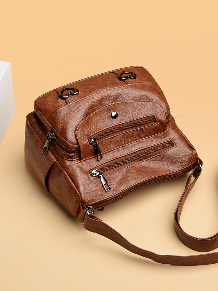 Crossbody Bag Soft Leather Textured Retro Large Capacity Middle-aged