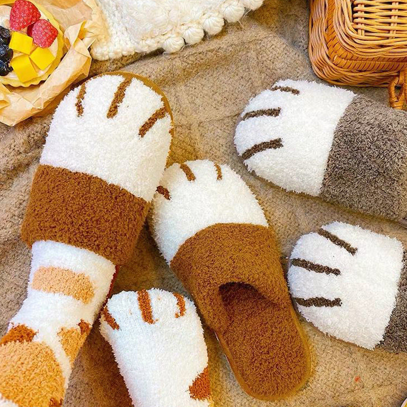 Cat Paw Cartoon Cute Couple Warm Indoor Plush Slippers