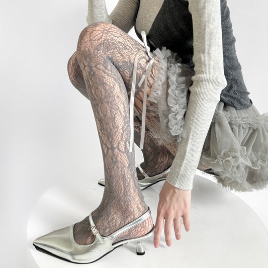 Dark Night Black Ribbon Bow Fishnet Japanese Hollow-out Pantyhose