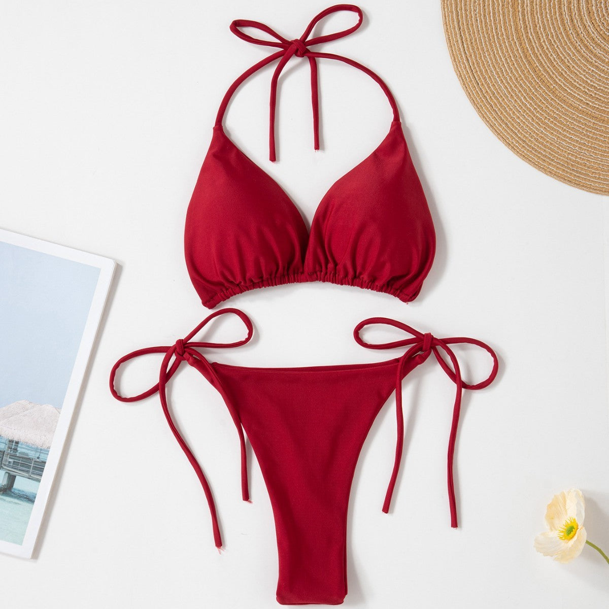 Solid Color Sexy Lace-up Hot Girl Temperament Women's Bikini Swimsuit