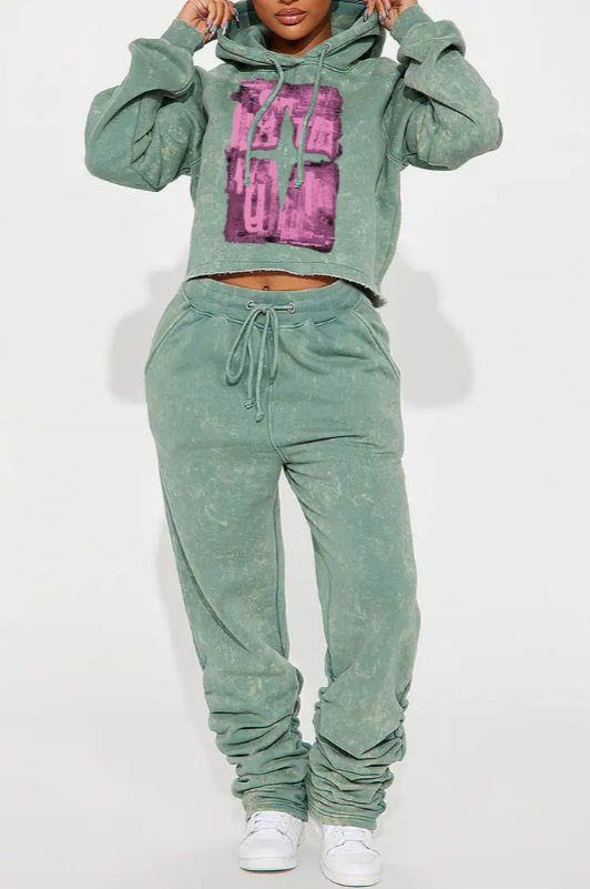 Casual Printed Hooded Short Sweatshirt Set