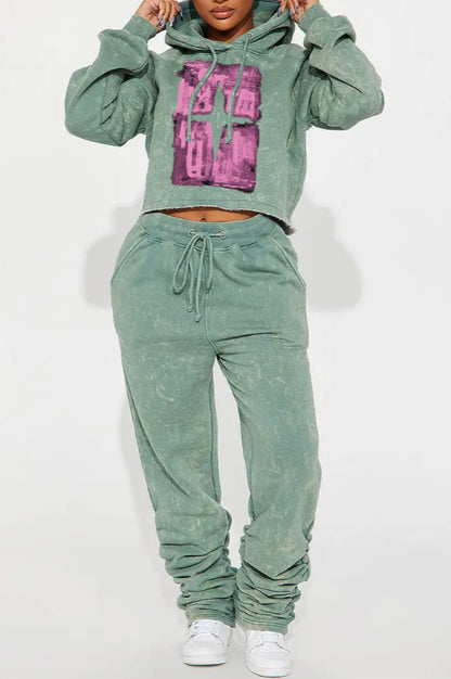 Casual Printed Hooded Short Sweatshirt Set