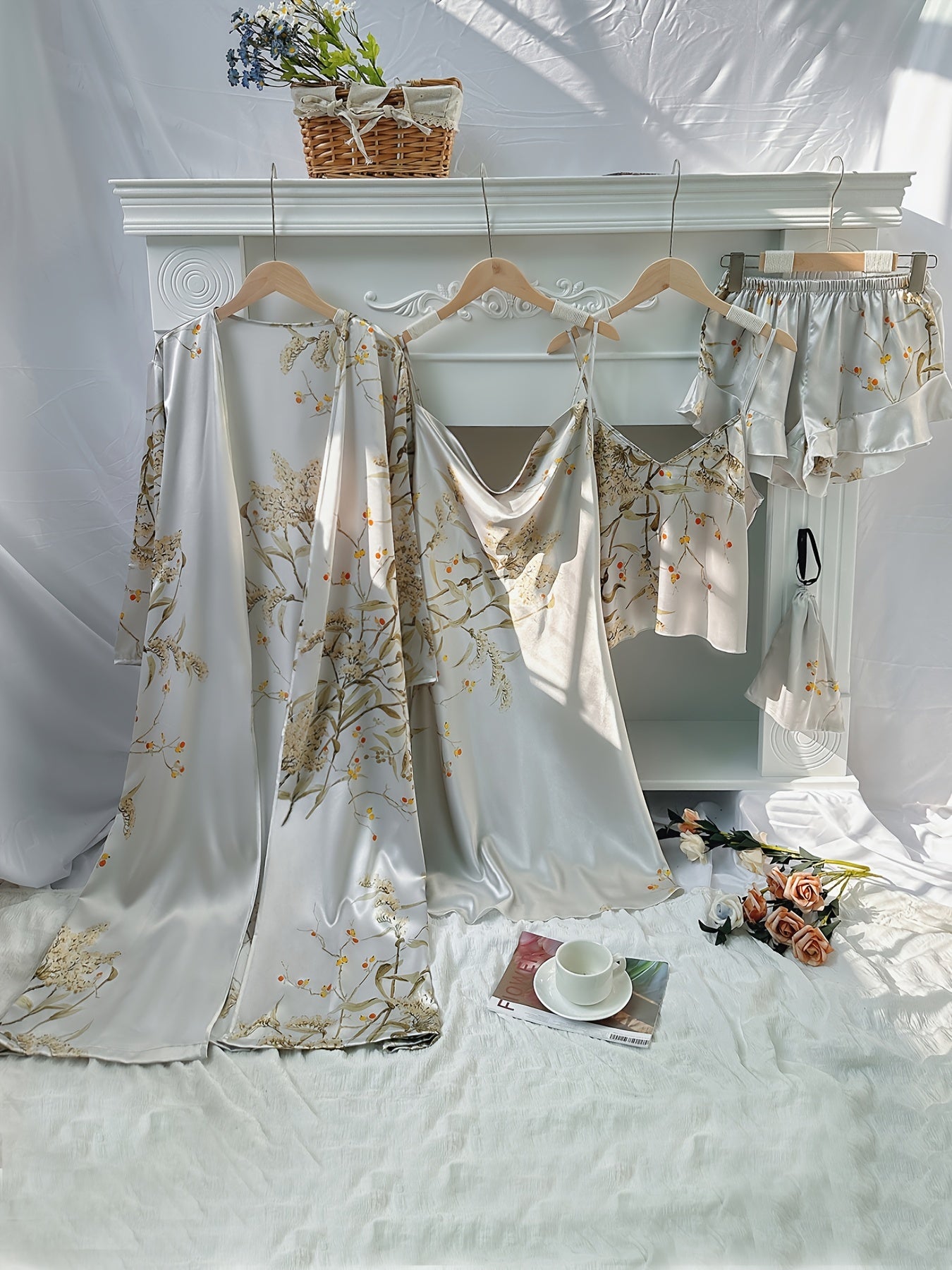 Women's Cherry Print Pajama Set - Elegant V-Neck Sleepwear with Suspender Shorts & Skirt