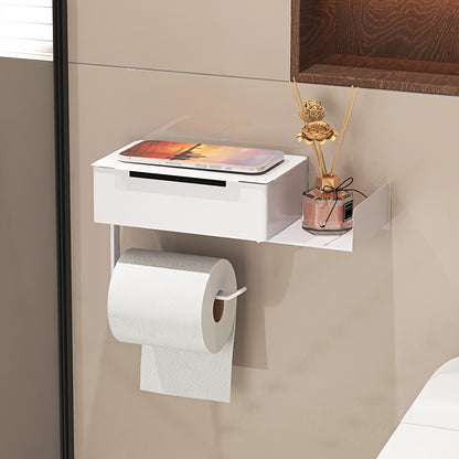 1pc Wrought Iron Bathroom Tissue Holder with Shelf - Self-Adhesive Wall Mounted Toilet Paper Roll Dispenser, Non-Drilling Installation, Multi-Functional Storage for Wet Wipes and Phone, Home Decor
