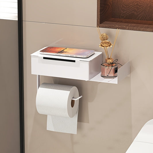 1pc Wrought Iron Bathroom Tissue Holder with Shelf - Self-Adhesive Wall Mounted Toilet Paper Roll Dispenser, Non-Drilling Installation, Multi-Functional Storage for Wet Wipes and Phone, Home Decor